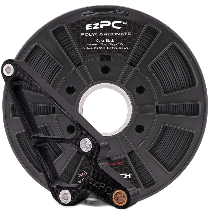 3DXTech ezPC easy-print polycarbonate 3D printer filament spool, black, with a printed bracket