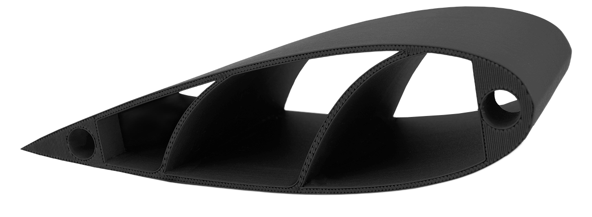 Printed part in CarbonX ASA+CF — aerodynamic wing section showing CF reinforcement and layer adhesion quality