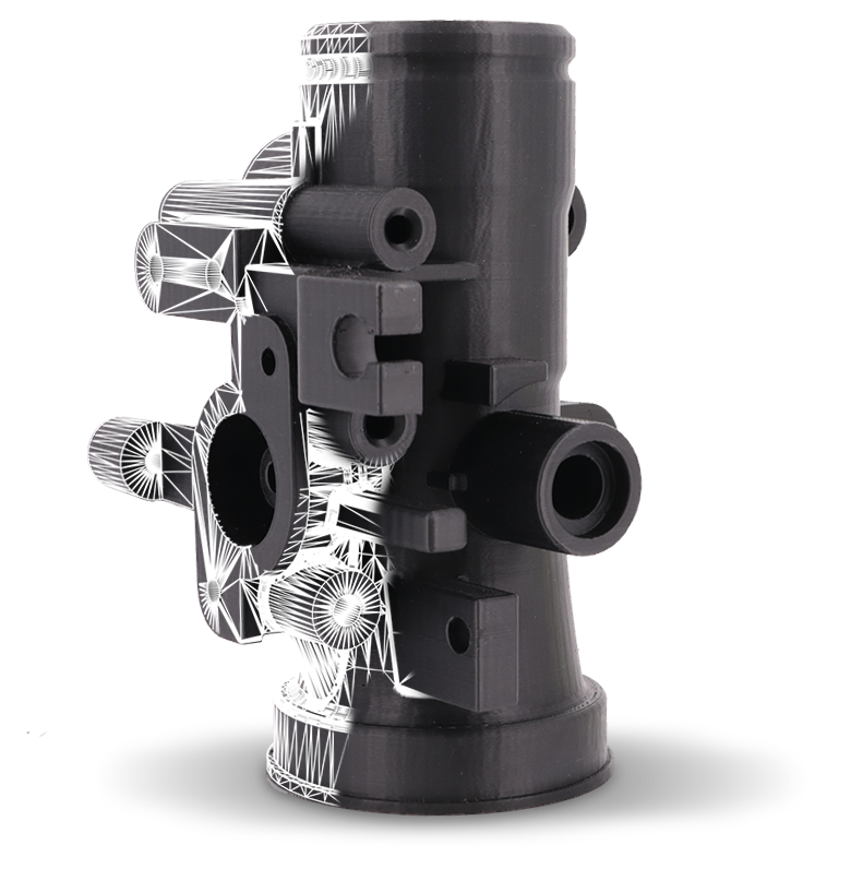 CarbonX Nylon 12+CF printed industrial part with CAD wireframe overlay showing dimensional accuracy and surface quality