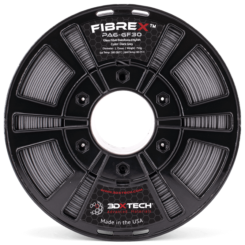 3DXTech FibreX Nylon PA6+GF30 glass fiber reinforced Nylon 6 1.75mm black filament spool 750g