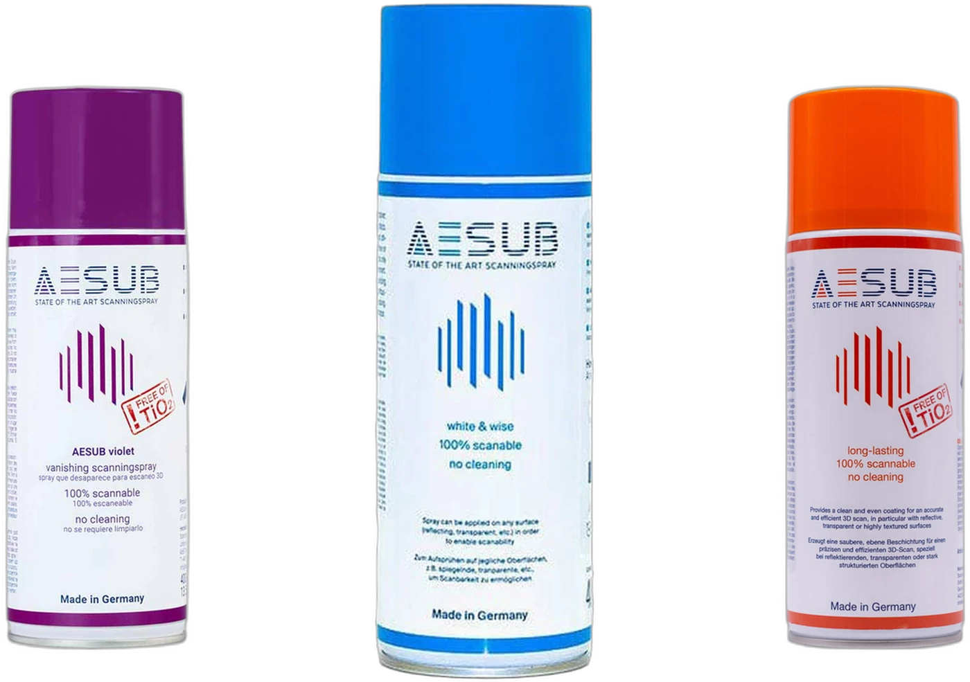 AESUB vanishing 3D scanning sprays — Blue, Orange and Violet, stocked by Rev1 Technologies