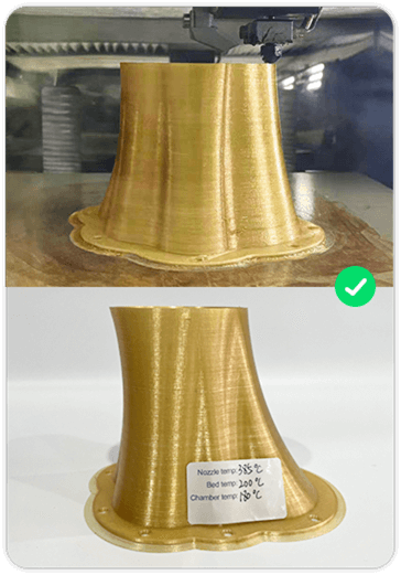 PEEK part at 180°C chamber — full crystallization