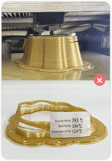 120C chamber temperature print trial showing distortion