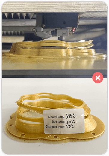 90C chamber temperature print trial showing failed geometry