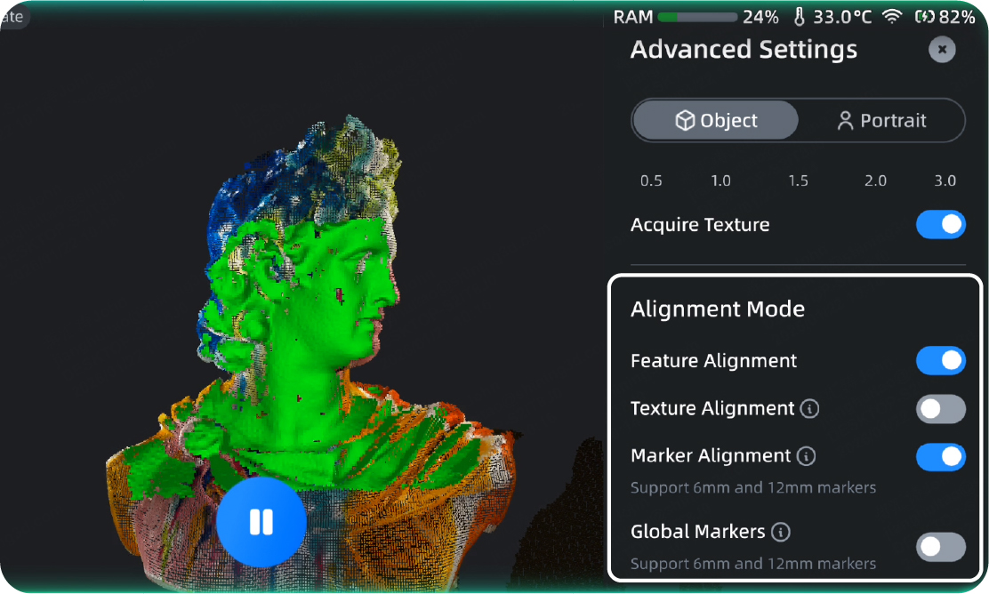 EinScan Rigil advanced hybrid tracking interface showing four alignment mode options