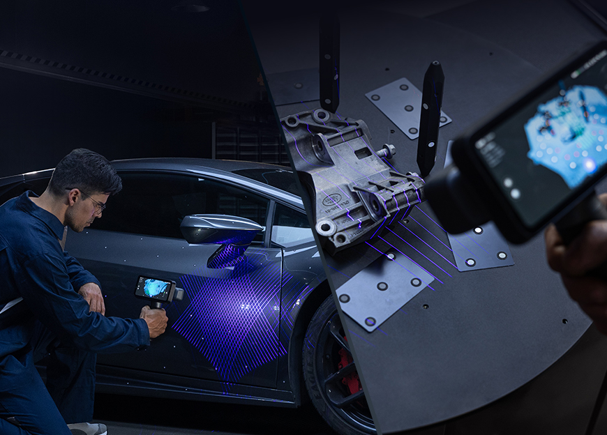EinScan Rigil Laser HD mode scanning an industrial part with 25+25 blue laser lines