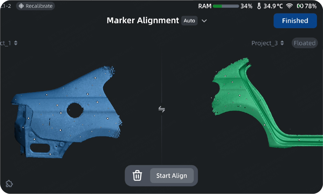 EinScan Rigil standalone mode multi-project alignment screen combining scans from separate sessions