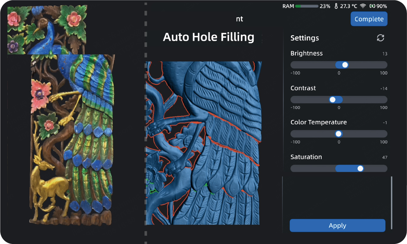 EinScan Rigil scan result of a complex automotive part demonstrating reverse engineering mesh quality