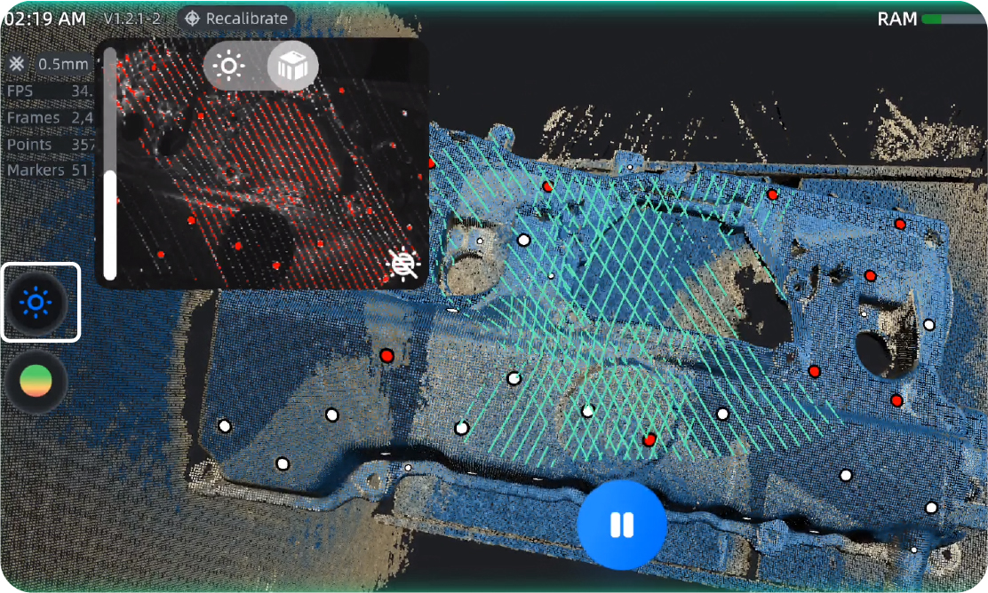 EinScan Rigil scene-adaptive scanning automatically adjusting exposure for dark and reflective surfaces