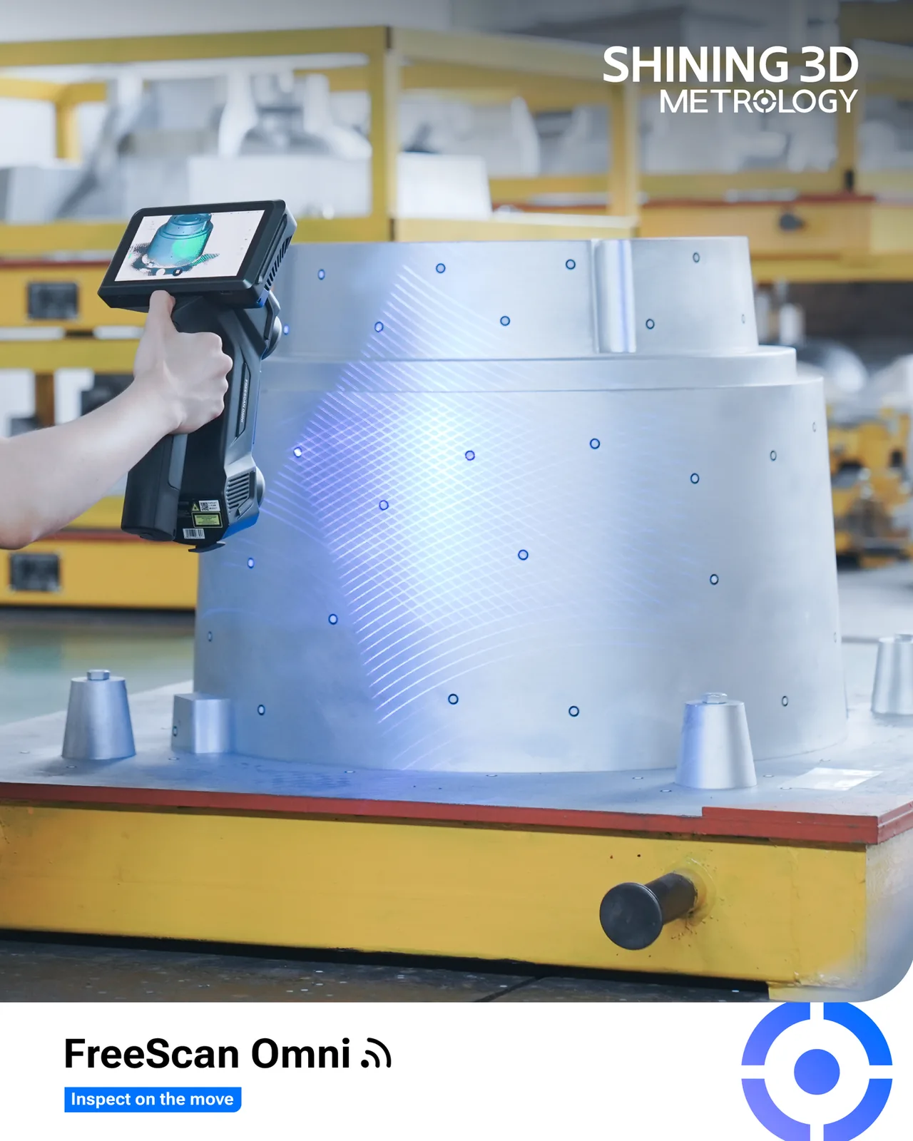 FreeScan Omni Lite inspecting a casting on the move, onboard touchscreen showing a live inspection result