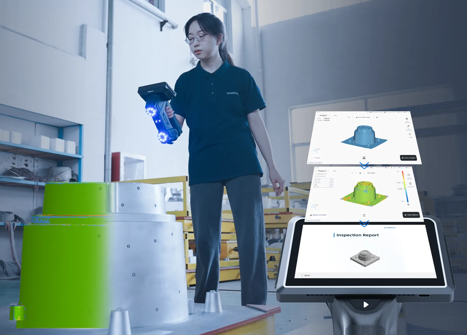 Operator scanning a casting with the FreeScan Omni Lite beside on-device inspection-report screens