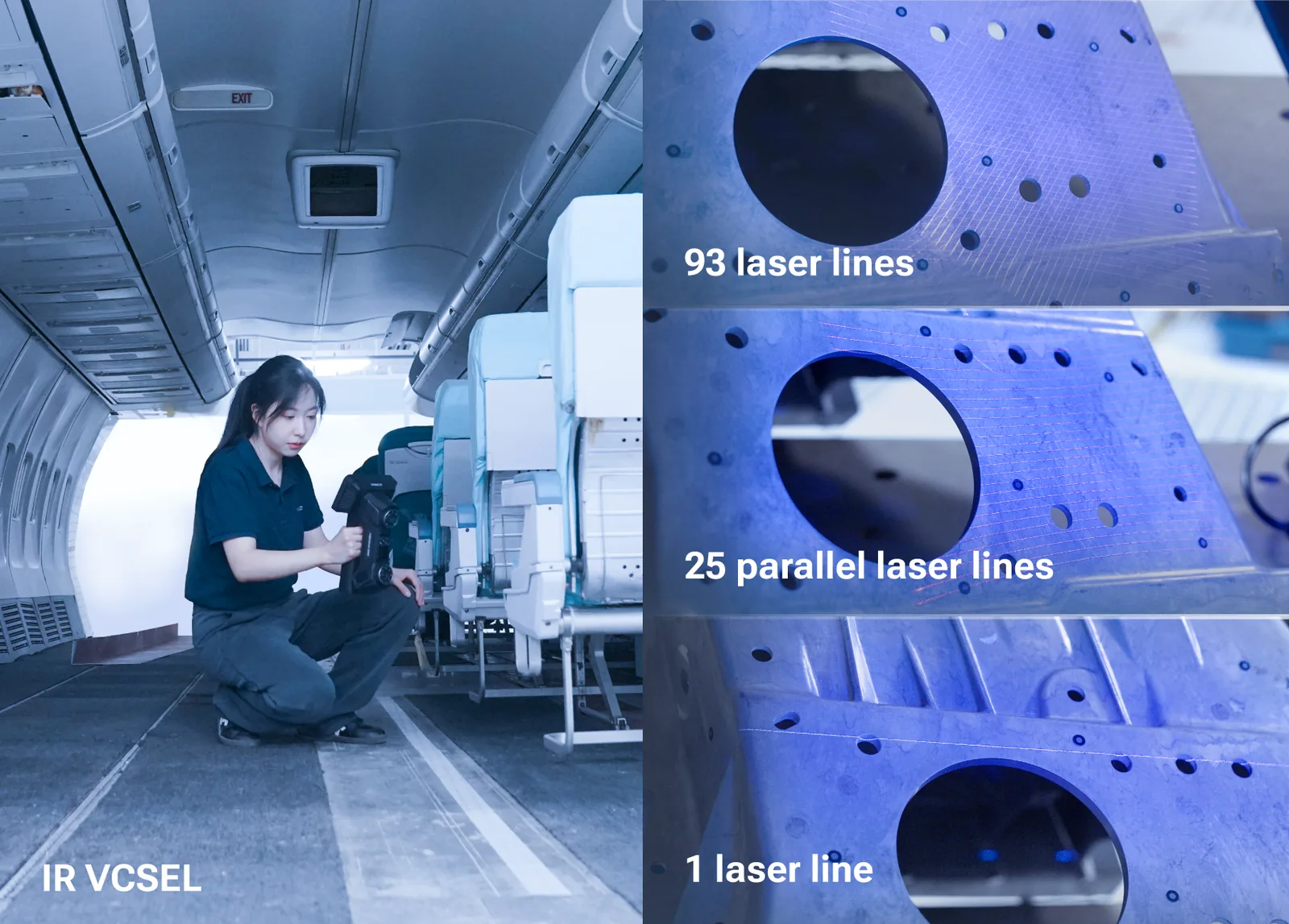 FreeScan Omni Lite scan modes — 93 laser lines, 25 parallel laser lines, single laser line, and IR VCSEL — on an aircraft panel