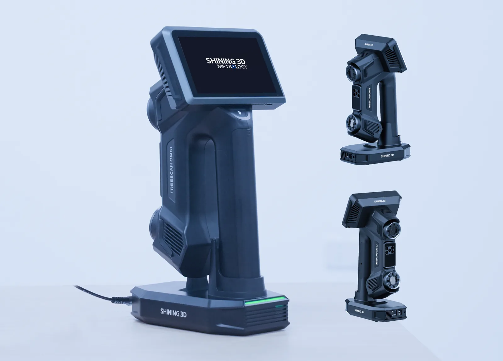FreeScan Omni Lite Smart Dock charging the scanner and backing up scan data over Wi-Fi, with two angle views of the device