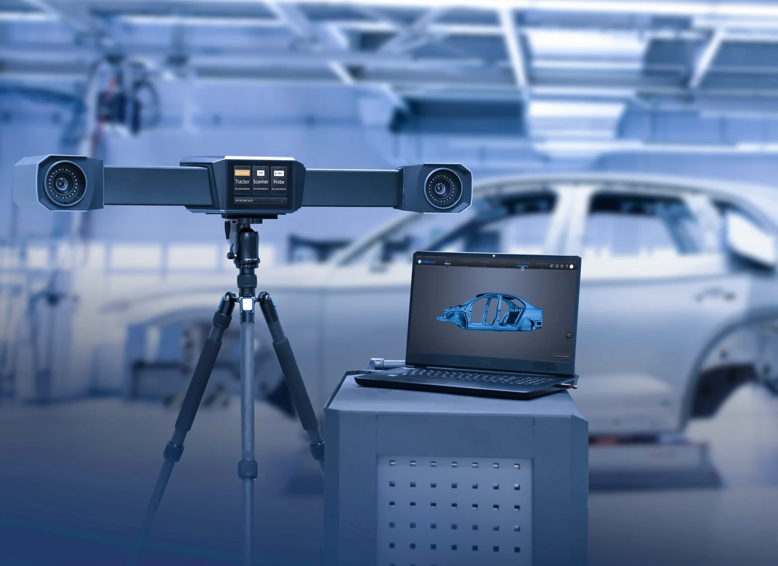 SHINING 3D FreeScan Trak ProW+ fully wireless field workflow — FreeTrak W tracker and TE25W scanner running on power banks with no mains cables