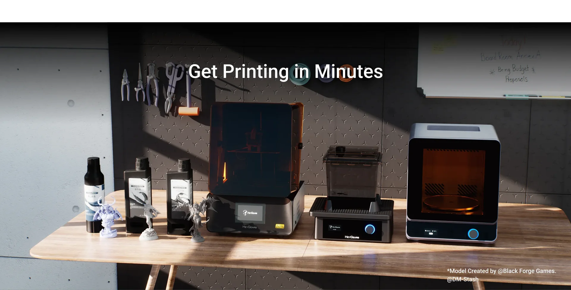 Get printing in minutes - HeyGears RS Turbo workstation with resins, wash and cure units on a workbench