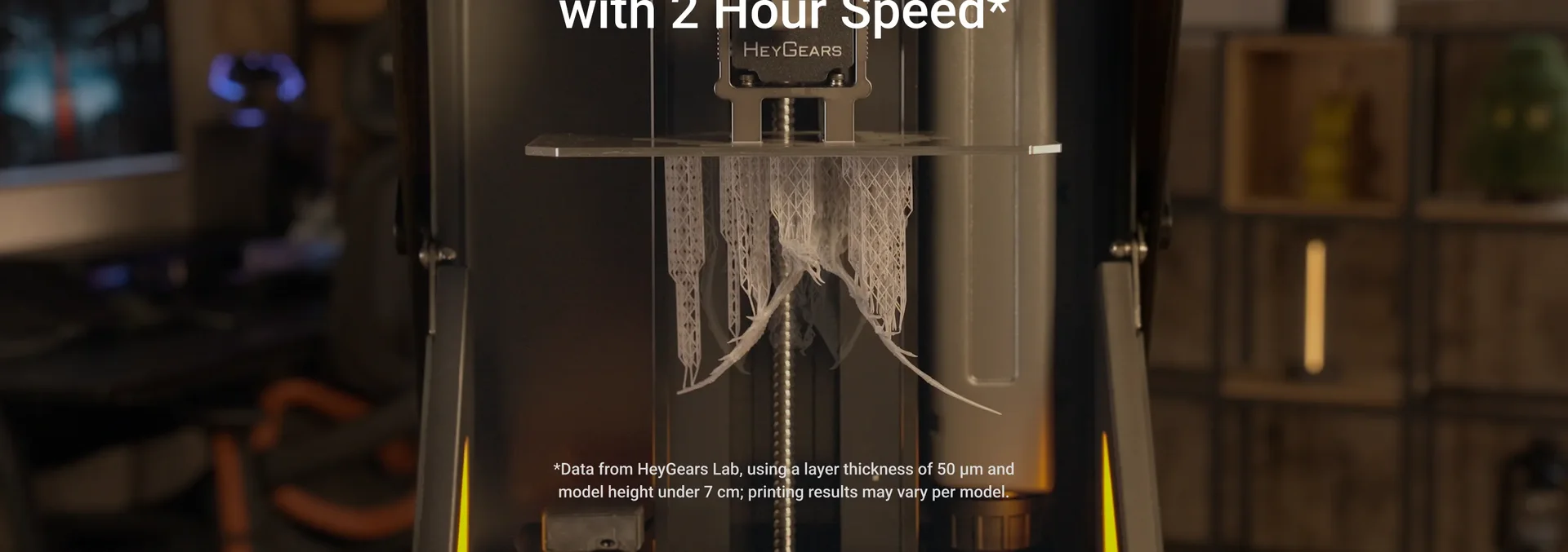 Injection-molded precision with 2 hour speed - HeyGears Reflex RS Turbo printing in a workshop at night