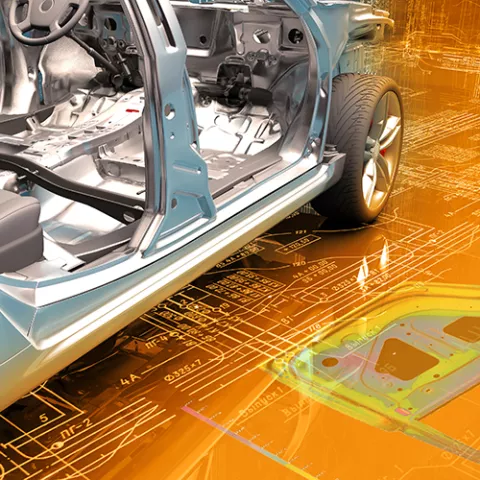 PolyWorks Inspector — automotive body-in-white with color deviation map and dimensional overlay