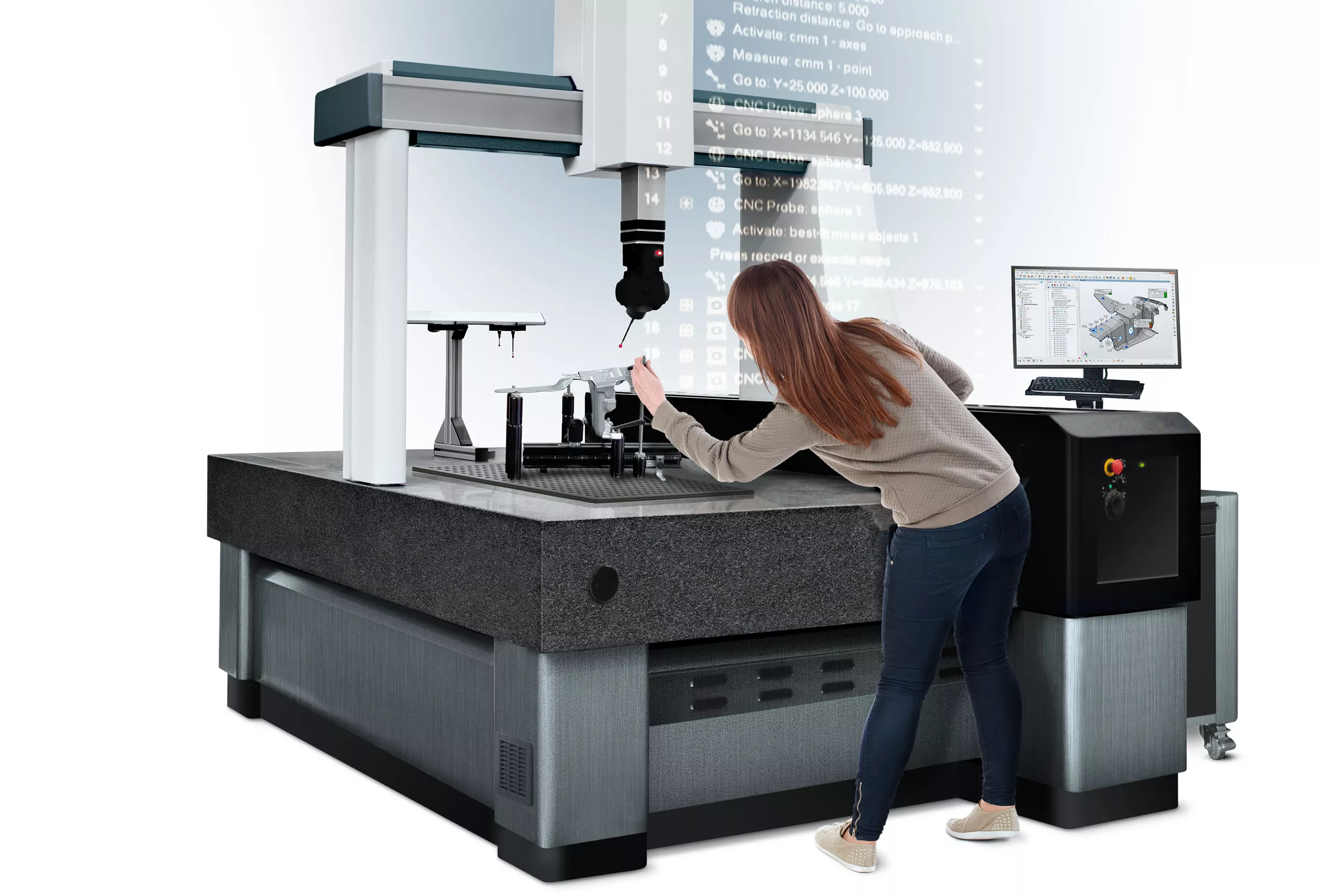 PolyWorks Inspector running on a production CMM — software UI overlaid on the measurement workstation