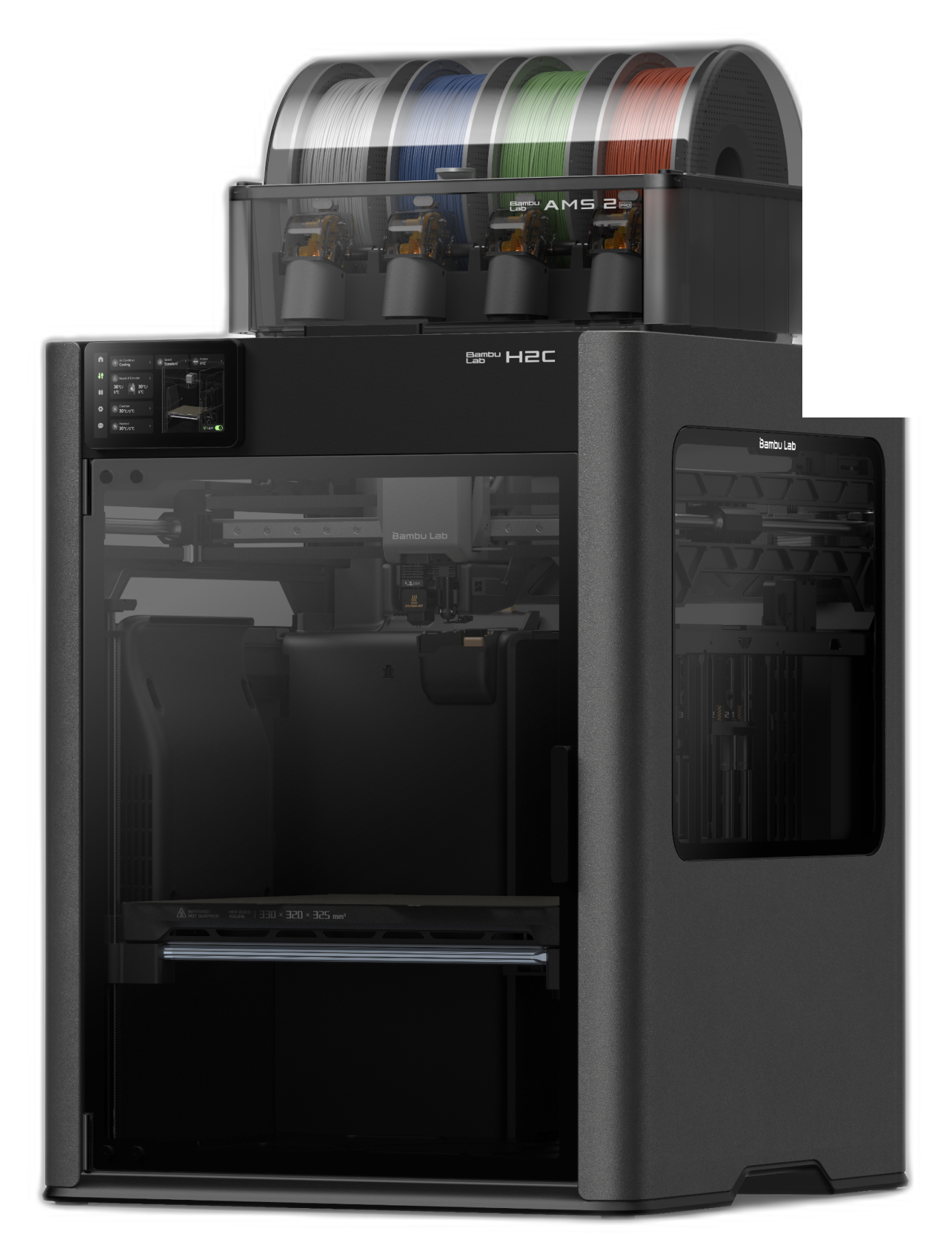 Bambu Lab H2C enclosed CoreXY 3D printer — front view with AMS 2 Pro