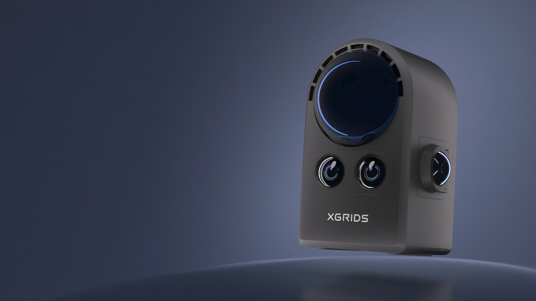 XGRIDS PortalCam spatial camera product shot — front three-quarter view with LiDAR lens and tri-camera array