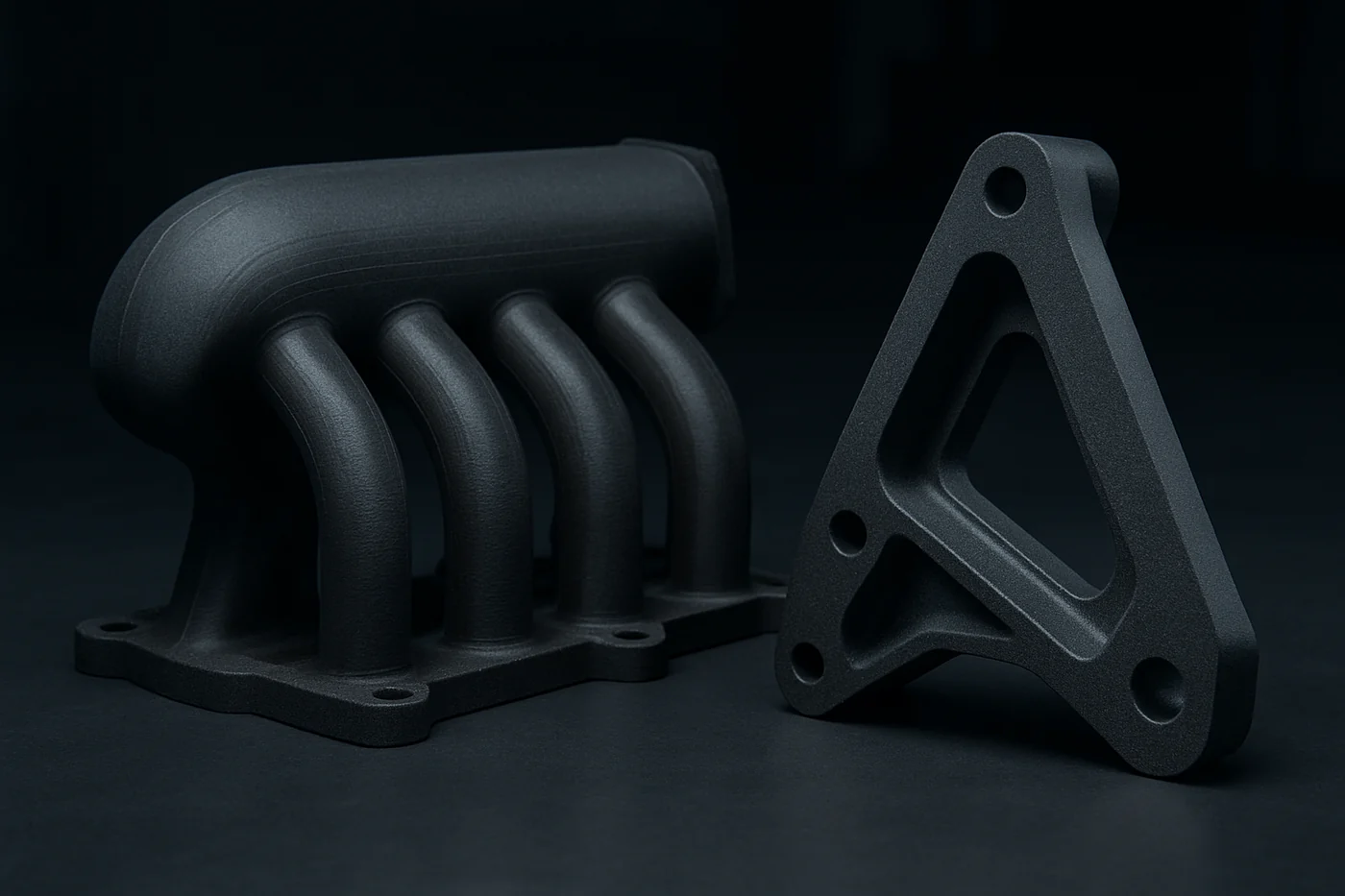 Carbon-fiber nylon 3D printed parts — intake manifold and structural bracket with high stiffness-to-weight