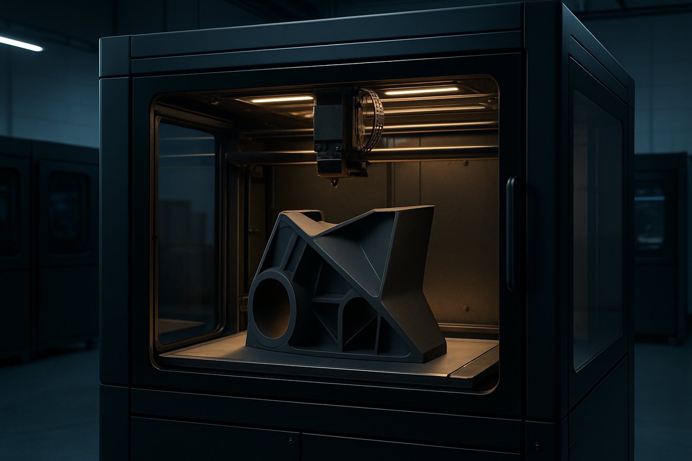 Enclosed large-format FDM industrial 3D printer mid-print at the Rev1 Auburn Hills facility