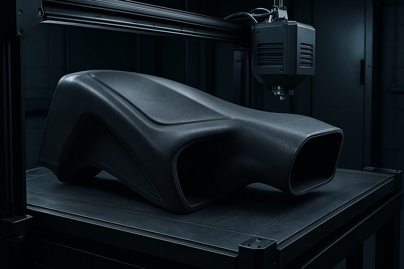 Large single-piece 3D printed part on the build plate of a large-format industrial printer
