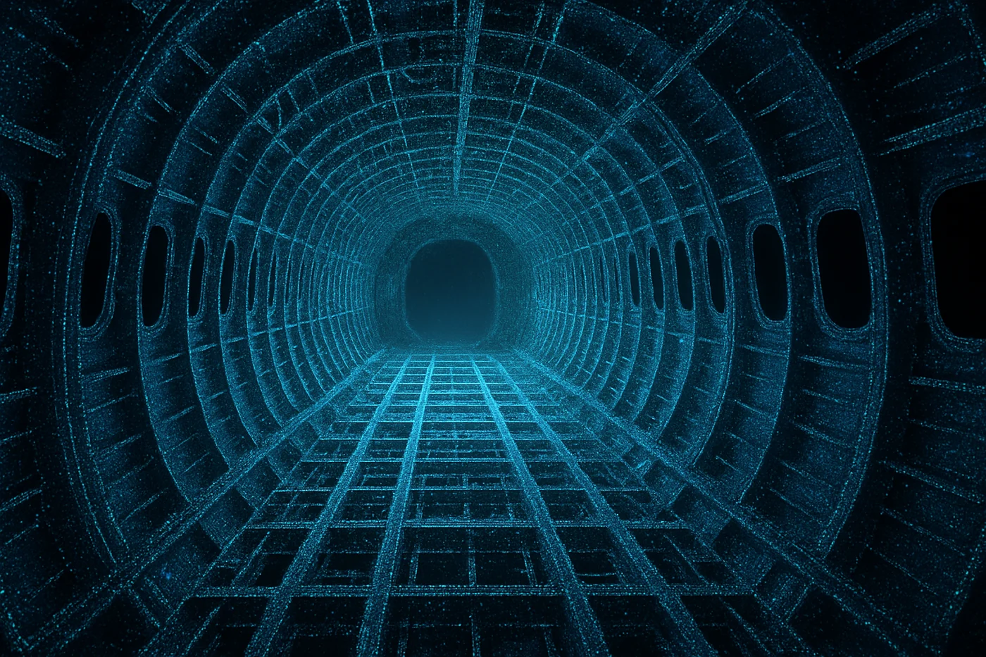 Registered point cloud of an aircraft fuselage interior captured on site by Rev1 Technologies, shown as a dense blue data visualization