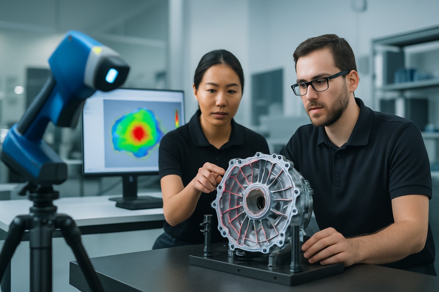 Rev1 scan service team reviewing a metal transmission housing on a fixture, with the FreeScan Trak Nova on tripod in foreground and a CAD deviation map on the workstation behind