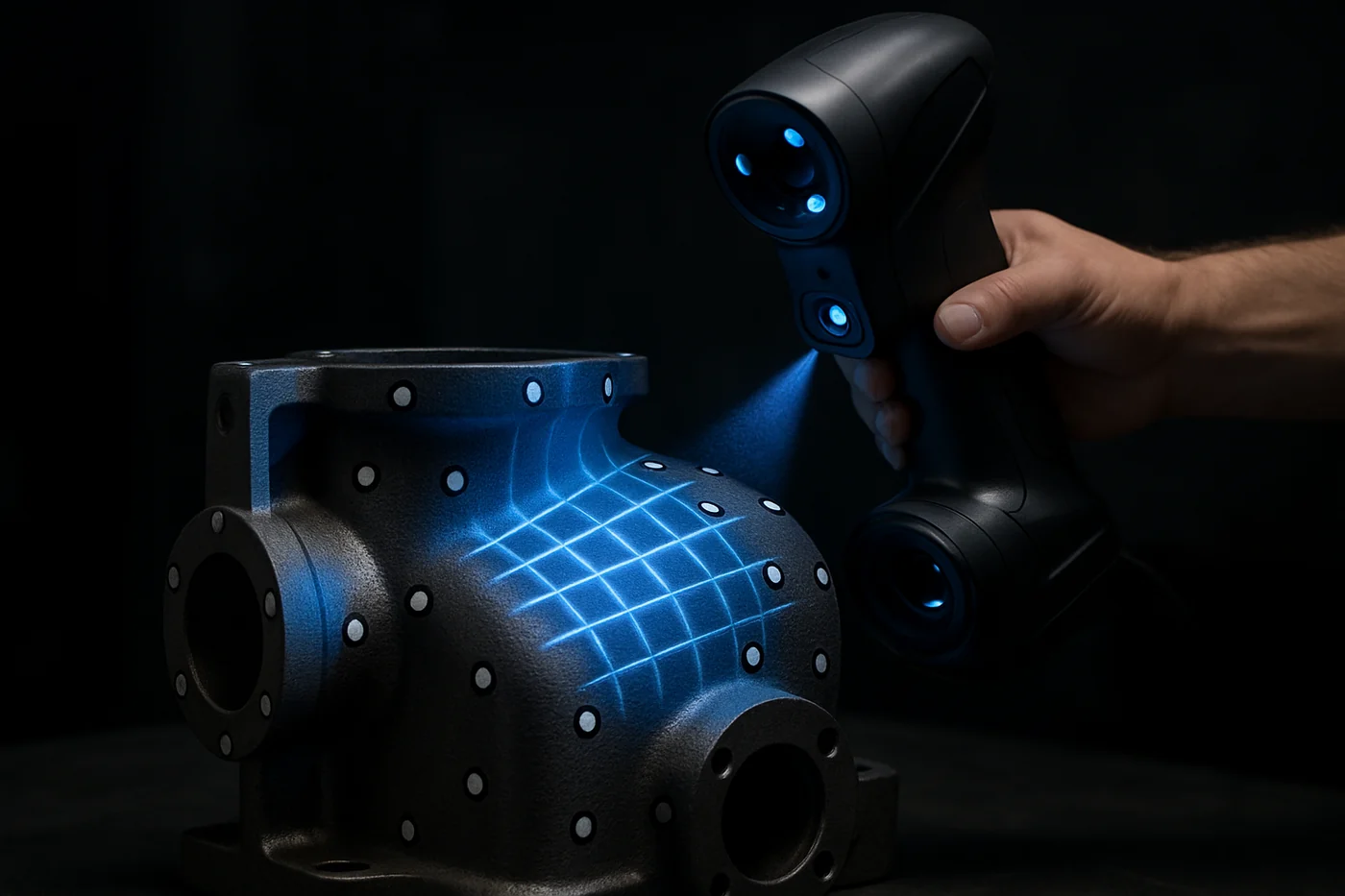 Handheld structured-light scanner projecting a light grid across an industrial metal cylinder casting mid-capture, with reference dots on the surface