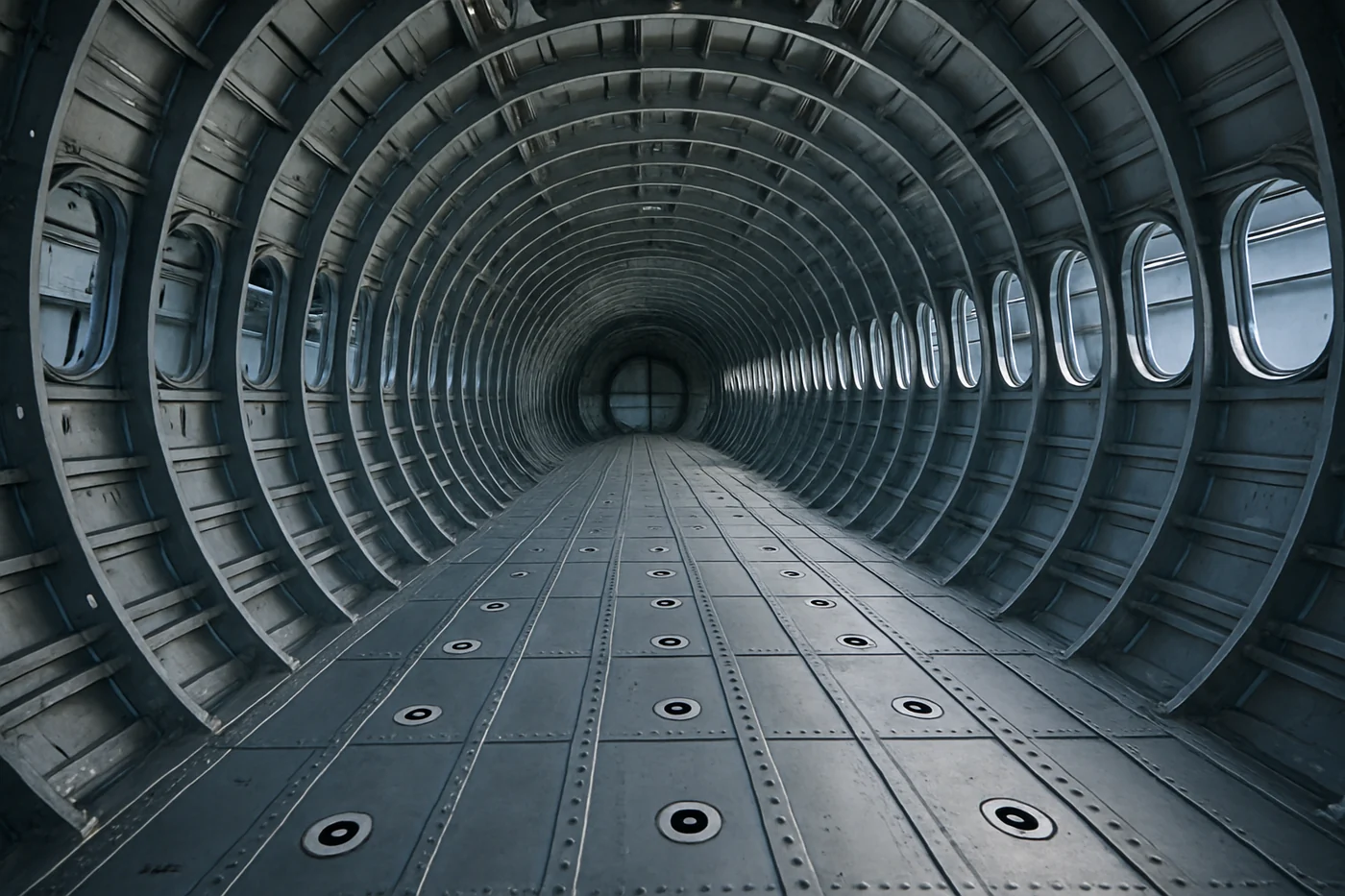 Commercial aircraft fuselage interior on-site, reference target markers placed on the floor for multi-station scan registration