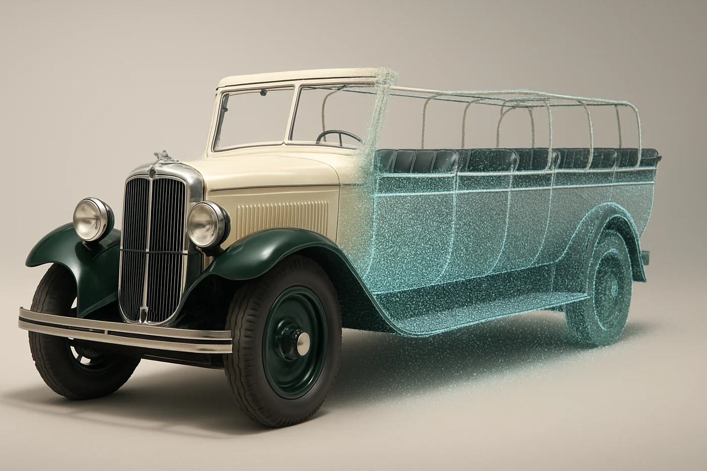 Vintage 1930s touring coach digitized by Rev1 Technologies using hybrid photogrammetry and structured-light capture for restoration documentation