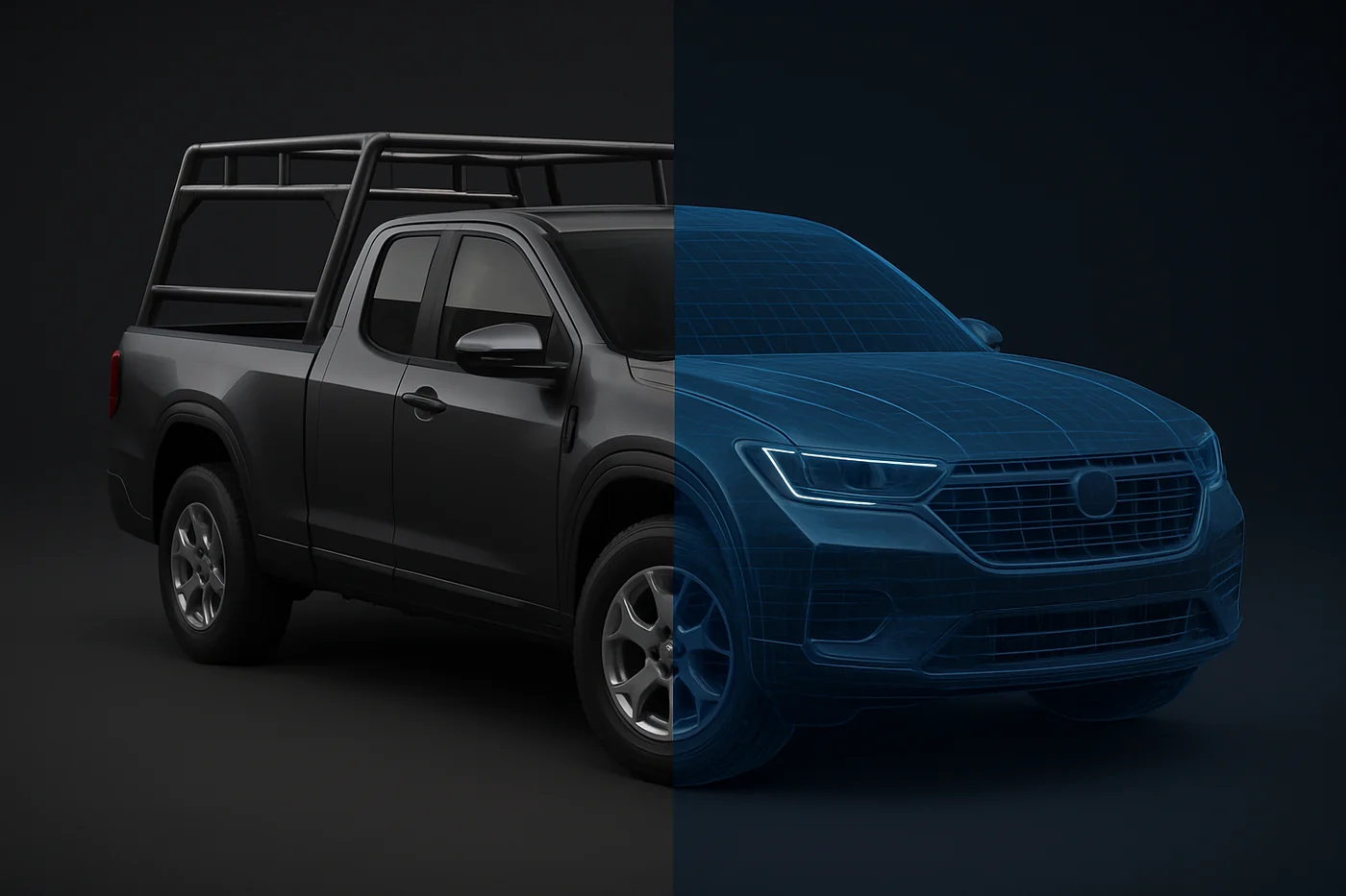 Ford Maverick truck with custom bed rack, reverse-engineered to parametric CAD by Rev1