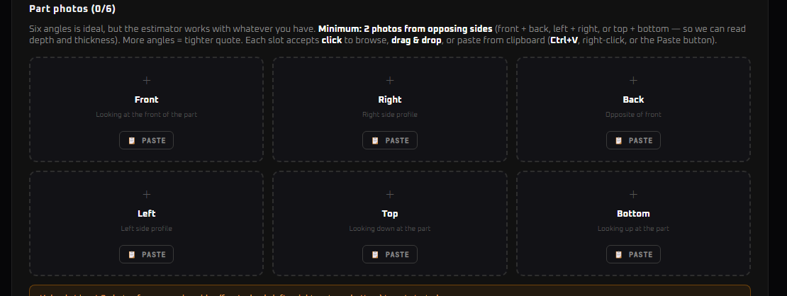 Rev1 Instant Scan Quoter interface showing a six-photo upload grid (front, right, back, left, top, bottom) with click / drag-drop / paste options for each slot
