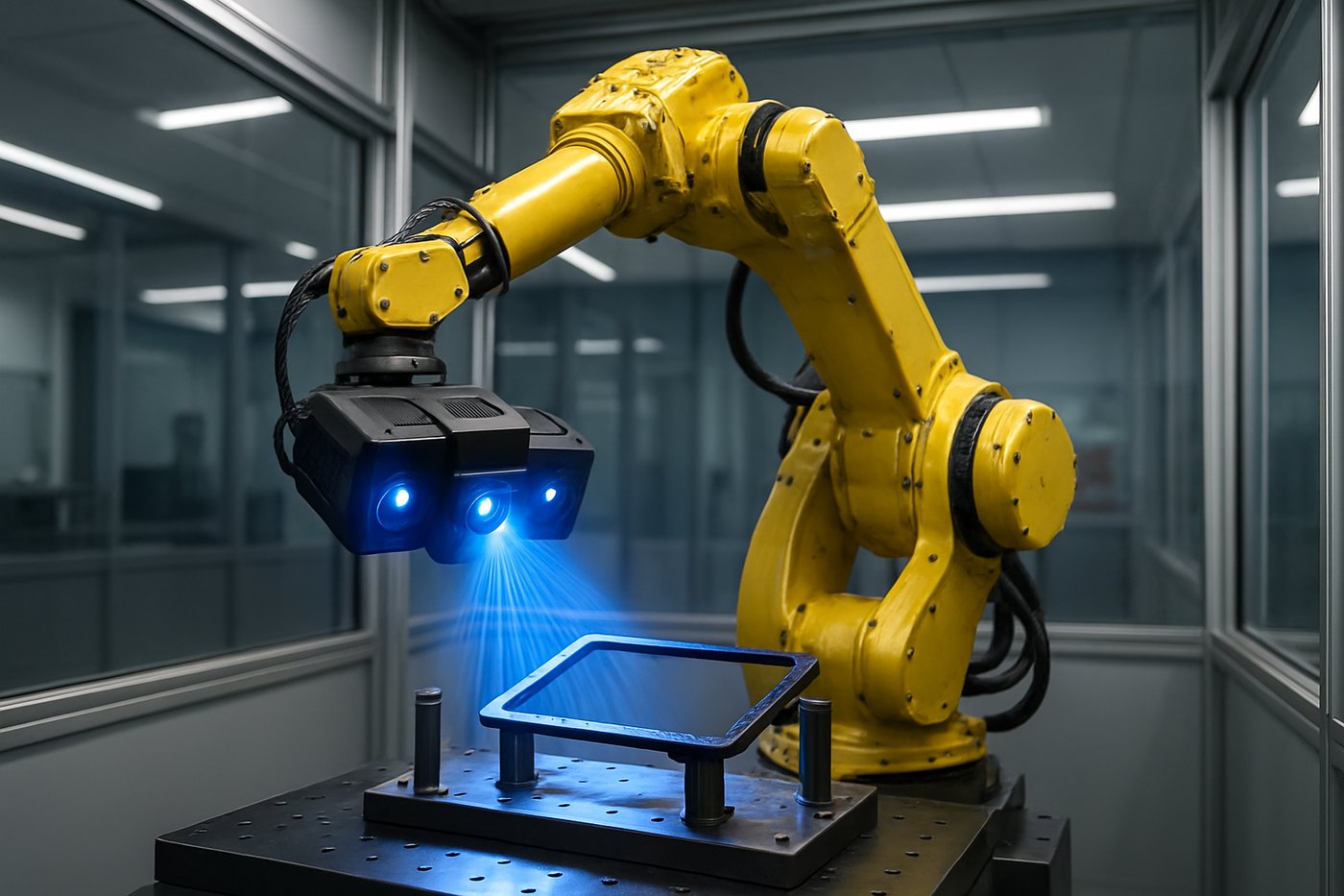 RobotScan Q12 automation cell: robot-mounted structured-light scanner capturing a phone-frame part on a fixture in a metrology lab