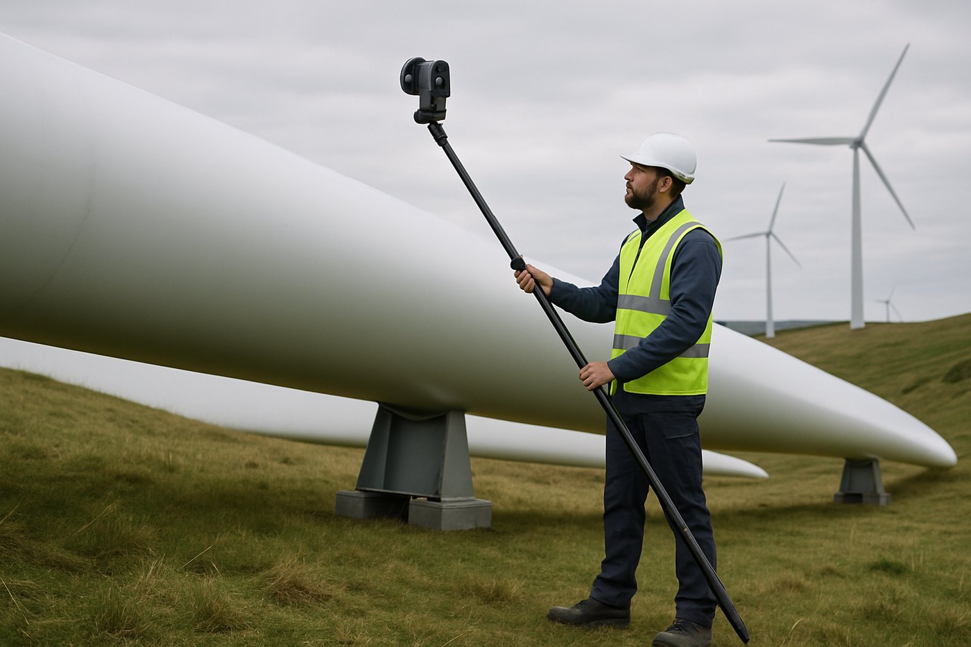 Rev1 technician on a hillside capturing a large wind turbine blade with a tripod-mounted long-range 3D scanner outdoors at the install site