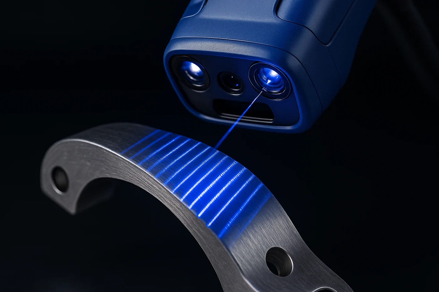 Portable metrology-grade 3D scanner capturing a curved industrial bracket, blue structured-light fringes visible across the part surface